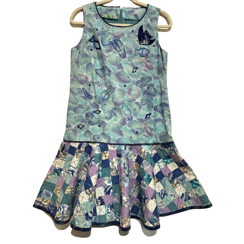 1 of Kind Mary Lu K Patchwork quilt Mermaid Flair‎ Dress Ocean Blue’s Sz S fish